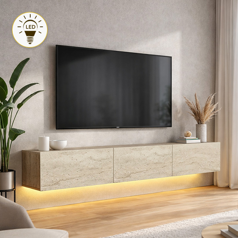 Έπιπλο Τηλεόρασης Επιτοίχιο Damla Megapap Με Led Χρώμα Travertine 180X29,5X29,5Εκ.