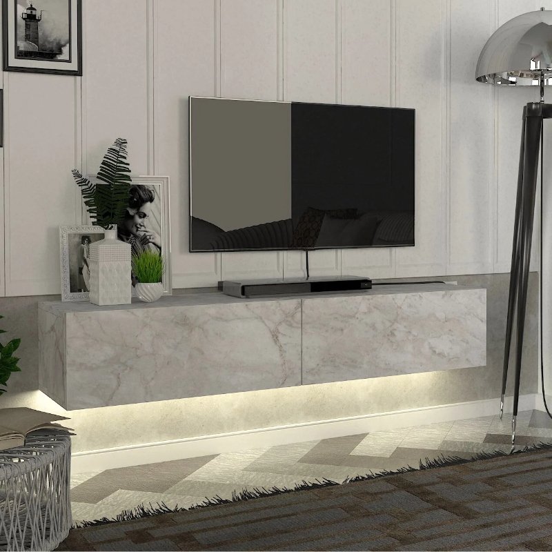 Έπιπλο Τηλεόρασης Επιτοίχιο Aristo Megapap Με Led Χρώμα Λευκό Εφέ Μαρμάρου 135X31,6X25Εκ.