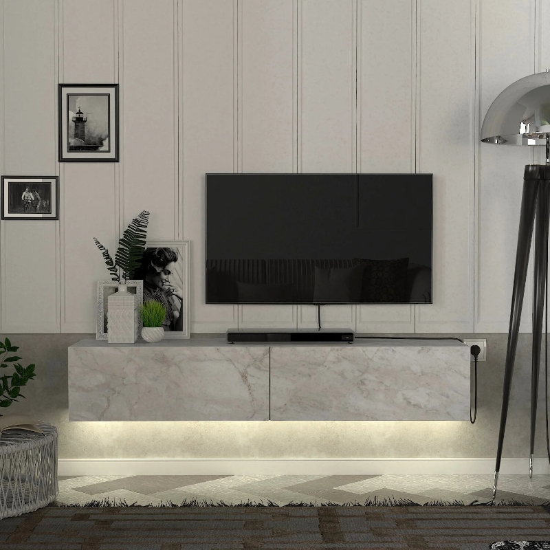 Έπιπλο Τηλεόρασης Επιτοίχιο Aristo Megapap Με Led Χρώμα Λευκό Εφέ Μαρμάρου 135X31,6X25Εκ.