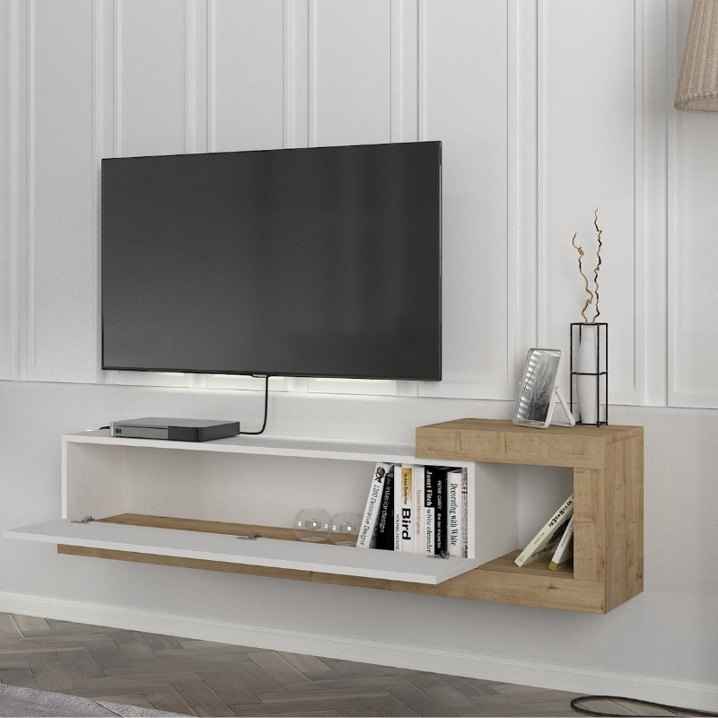 Έπιπλο Τηλεόρασης Επιτοίχιο Volare Megapap Χρώμα Λευκό - Sapphire Oak 150X29,6X38,6Εκ.