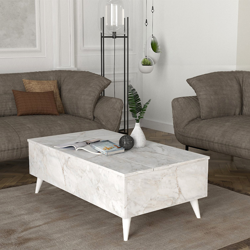 Τραπεζάκι Σαλονιού Roy Megapap Με Σερβιτόρο Χρώμα Λευκό Εφέ Μαρμάρου 121X69X40Εκ.