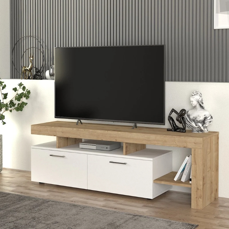 Έπιπλο Τηλεόρασης Acnes Megapap Χρώμα Λευκό - Sapphire Oak 160X40X53Εκ.