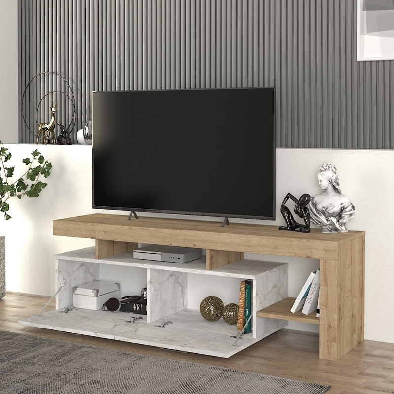 Έπιπλο Τηλεόρασης Acnes Megapap Χρώμα Λευκό Εφέ Μαρμάρου - Sapphire Oak 160X40X53Εκ.