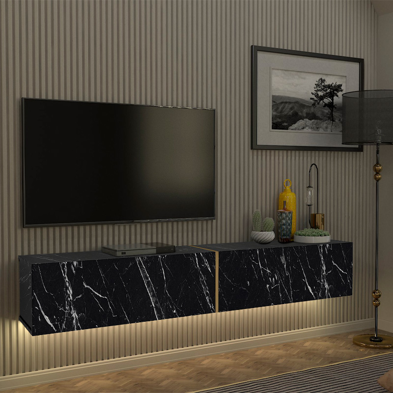 Έπιπλο Τηλεόρασης Επιτοίχιο Figure Megapap Με Led Χρώμα Μαύρο Εφέ Μαρμάρου 181,8X31,7X30Εκ.