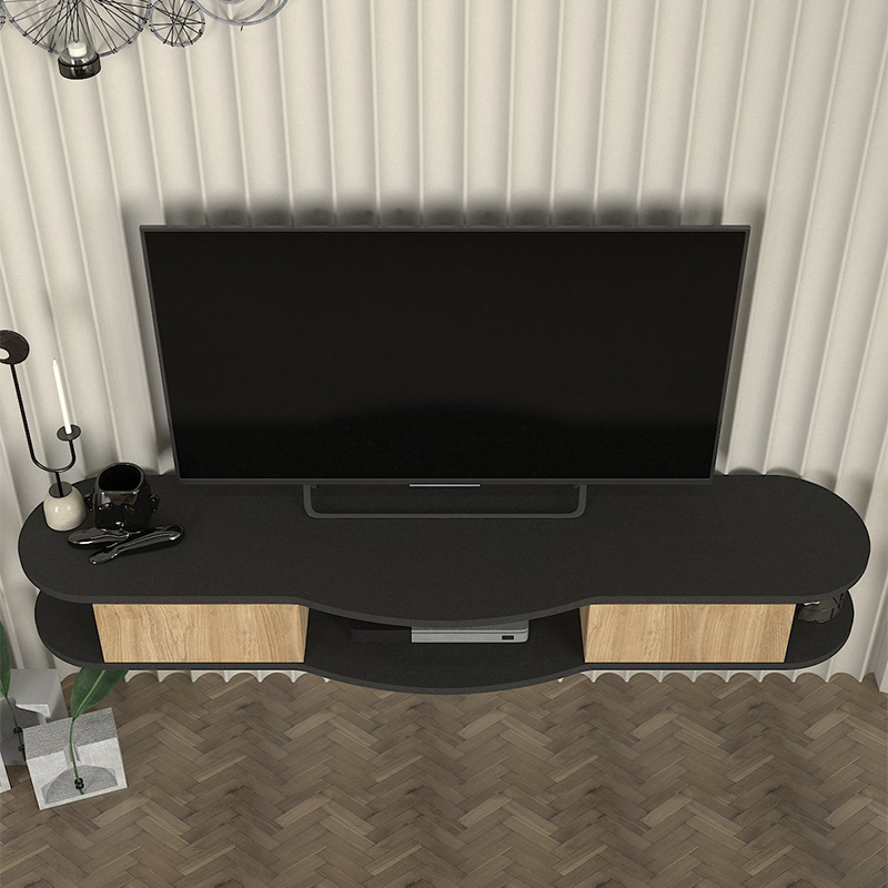 Έπιπλο Τηλεόρασης Επιτοίχιο Perk Megapap Με Led Χρώμα Ανθρακί - Sepet Oak 150X35X19,2Εκ.