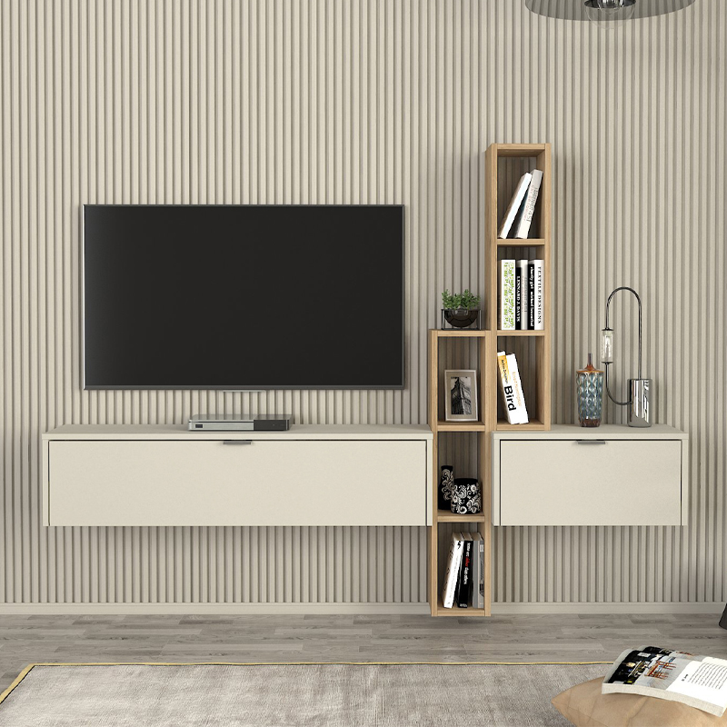 Σύνθεση Τηλεόρασης Επιτοίχια Edgar Χρώμα Sandstone - Sepet Oak 198,4X29,6X148,5Εκ.