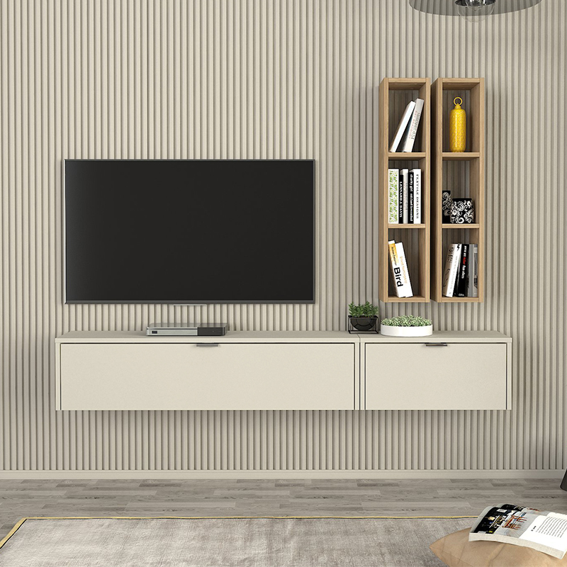 Σύνθεση Τηλεόρασης Επιτοίχια Edgar Χρώμα Sandstone - Sepet Oak 198,4X29,6X148,5Εκ.