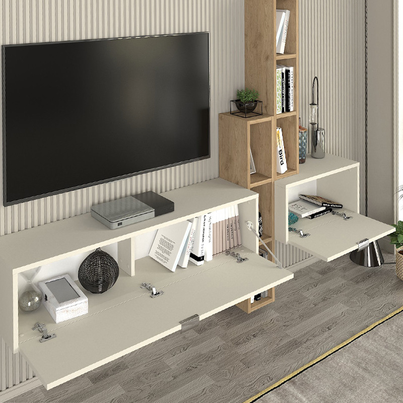 Σύνθεση Τηλεόρασης Επιτοίχια Edgar Χρώμα Sandstone - Sepet Oak 198,4X29,6X148,5Εκ.
