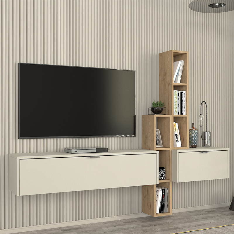 Σύνθεση Τηλεόρασης Επιτοίχια Edgar Χρώμα Sandstone - Sepet Oak 198,4X29,6X148,5Εκ.