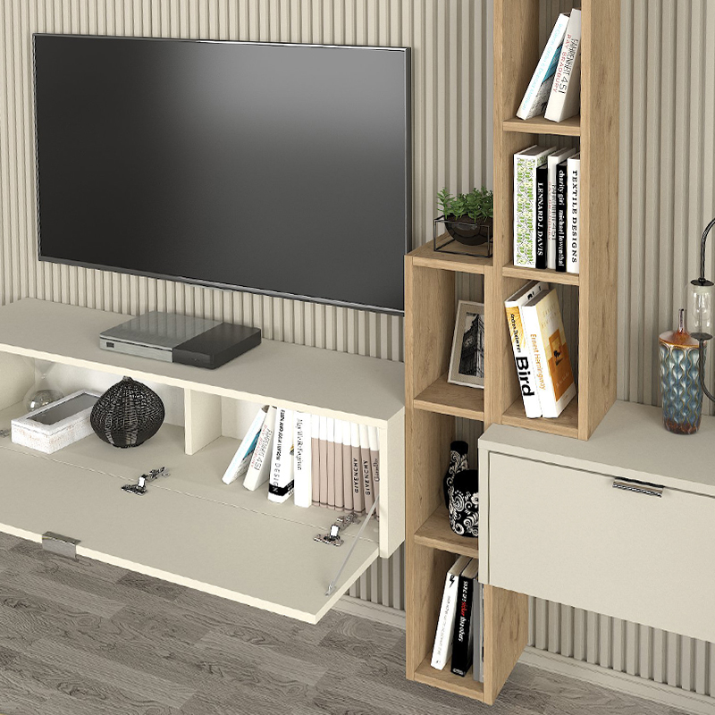 Σύνθεση Τηλεόρασης Επιτοίχια Edgar Χρώμα Sandstone - Sepet Oak 198,4X29,6X148,5Εκ.