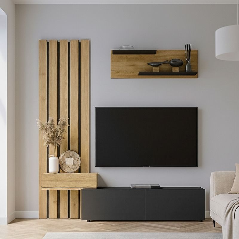 Σύνθεση Τηλεόρασης Rosaline Megapap Χρώμα Ανθρακί - Sepet Oak 183X31,3X196,9Εκ.