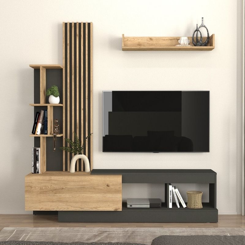 Σύνθεση Τηλεόρασης Vermont Megapap Χρώμα Ανθρακί - Sepet Oak 180X40X193,8Εκ.
