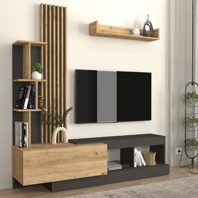 Σύνθεση Τηλεόρασης Vermont Megapap Χρώμα Ανθρακί - Sepet Oak 180X40X193,8Εκ.