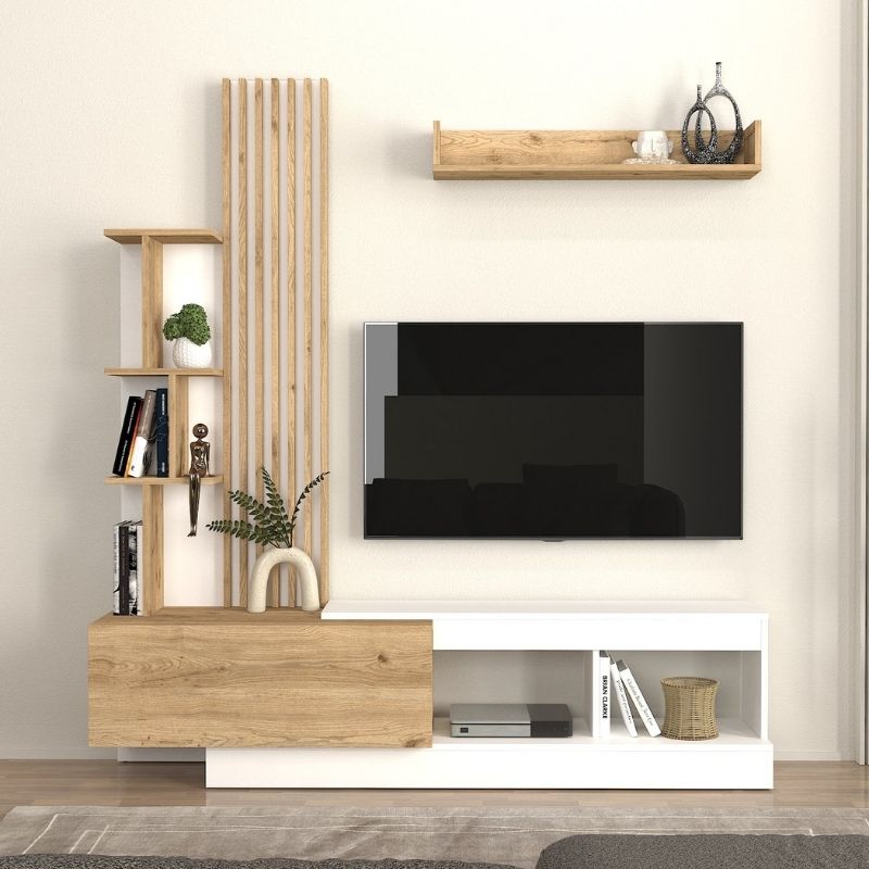 Σύνθεση Τηλεόρασης Vermont Megapap Χρώμα Λευκό - Sepet Oak 180X40X193,8Εκ.