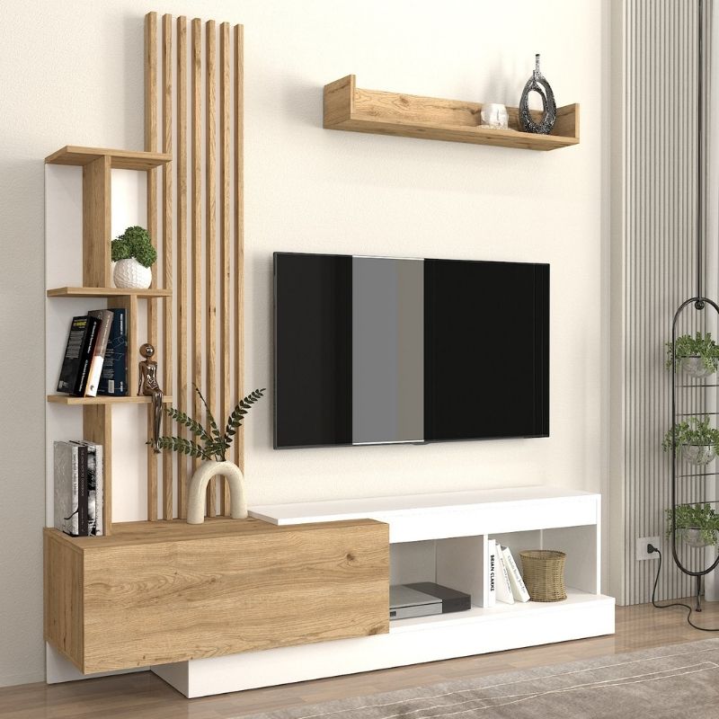 Σύνθεση Τηλεόρασης Vermont Megapap Χρώμα Λευκό - Sepet Oak 180X40X193,8Εκ.