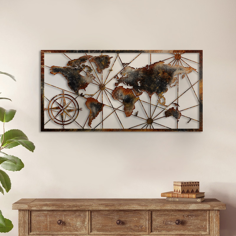 Διακοσμητικό Τοίχου World Map Megapap Μεταλλικό Χρώμα Μαύρο - Bronze 120X60Εκ.