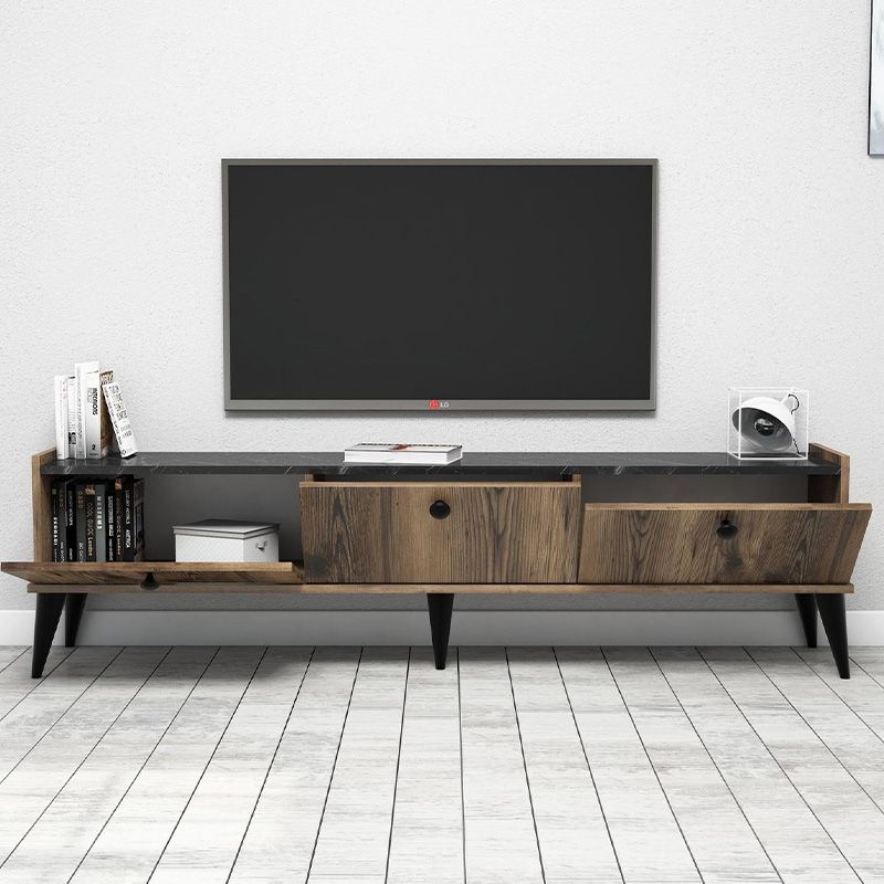 Έπιπλο Τηλεόρασης Lidya Megapap Χρώμα Καρυδί - Μαύρο Εφέ Μαρμάρου 180X35X49Εκ.