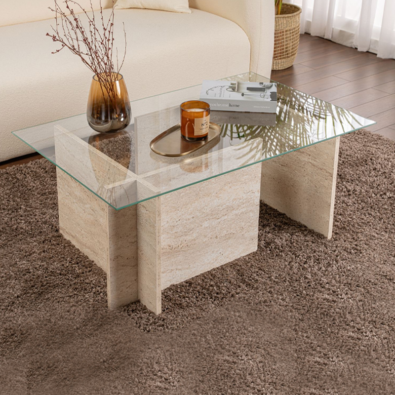 Τραπεζάκι Σαλονιού Vetrino Megapap Γυάλινο Χρώμα Travertine 105X65X40Εκ.