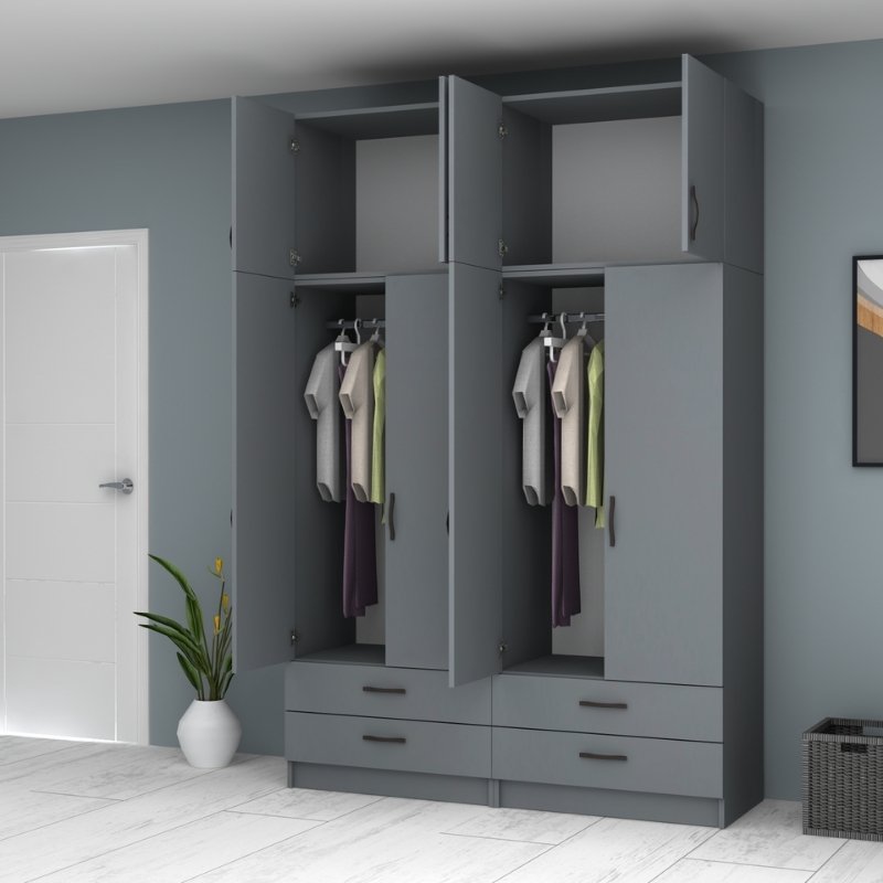 Ντουλάπα Ρούχων Ricardo Megapap Τετράφυλλη Με Πατάρι Χρώμα Ανθρακί 160X51,8X240Εκ.