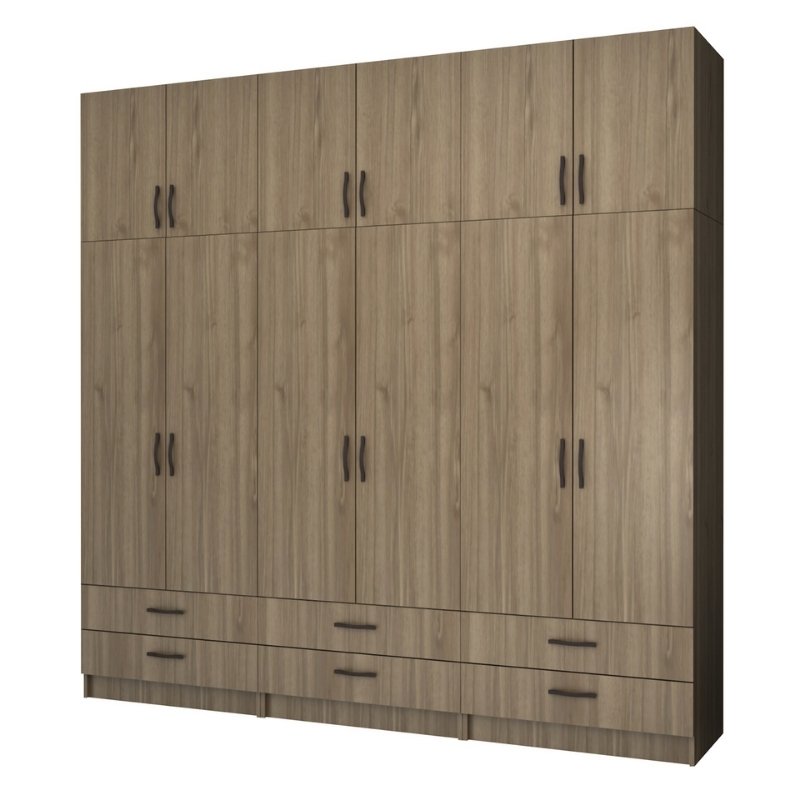 Ντουλάπα Ρούχων Ricardo Megapap Εξάφυλλη Με Πατάρι Χρώμα Καρυδί 240X51,8X240Εκ.