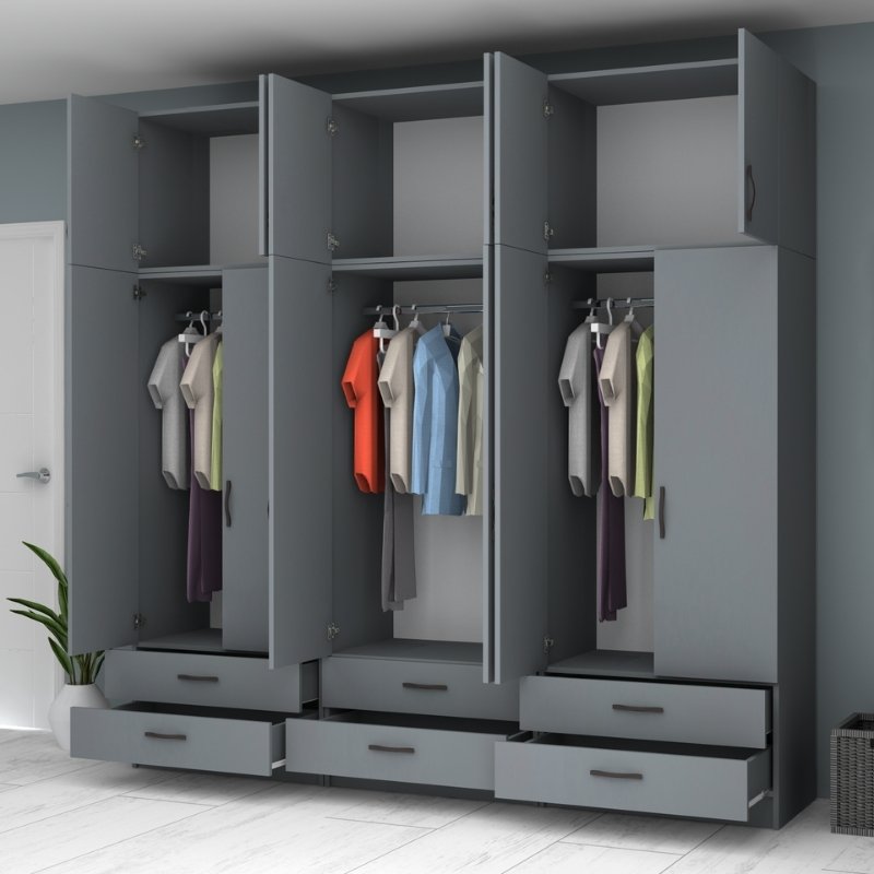 Ντουλάπα Ρούχων Ricardo Megapap Εξάφυλλη Με Πατάρι Χρώμα Ανθρακί 240X51,8X240Εκ.