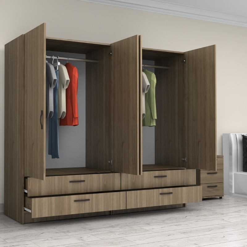 Ντουλάπα Ρούχων Victoria Megapap Τετράφυλλη Με Συρτάρια Χρώμα Καρυδί 200X60X181Εκ.