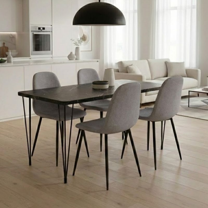 Σετ Τραπεζαρία 5Τμχ Roger - Iris Megapap Mdf - Ύφασμα Χρώμα Μαύρο Εφέ Μαρμάρου - Ανοιχτό Μπεζ 120X70X75Εκ.