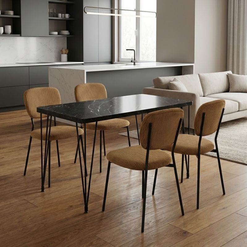 Σετ Τραπεζαρία 5Τμχ Roger - Kevin Megapap Mdf - Ύφασμα Χρώμα Μαύρο Εφέ Μαρμάρου - Μουσταρδί 120X70X75Εκ.