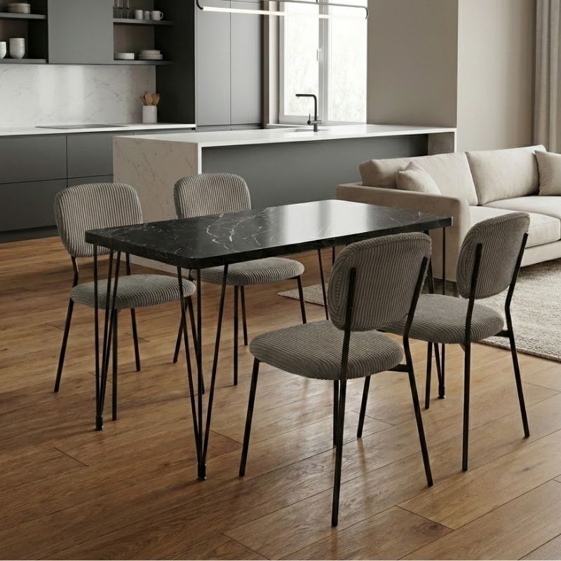 Σετ Τραπεζαρία 5Τμχ Roger - Kevin Megapap Mdf - Ύφασμα Χρώμα Μαύρο Εφέ Μαρμάρου - Λαδί 120X70X75Εκ.