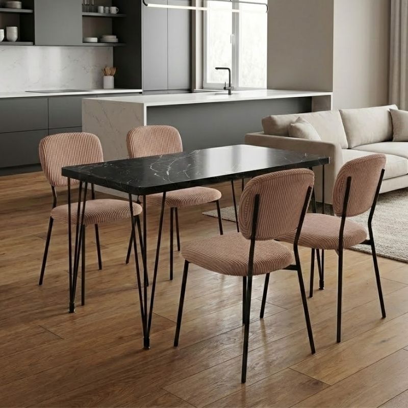 Σετ Τραπεζαρία 5Τμχ Roger - Kevin Megapap Mdf - Ύφασμα Χρώμα Μαύρο Εφέ Μαρμάρου - Μόκα 120X70X75Εκ.