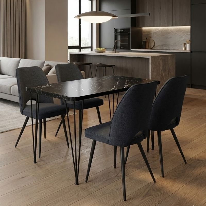 Σετ Τραπεζαρία 5Τμχ Roger - Christy Megapap Mdf - Ύφασμα Χρώμα Μαύρο Εφέ Μαρμάρου - Ανθρακί 120X70X75Εκ.