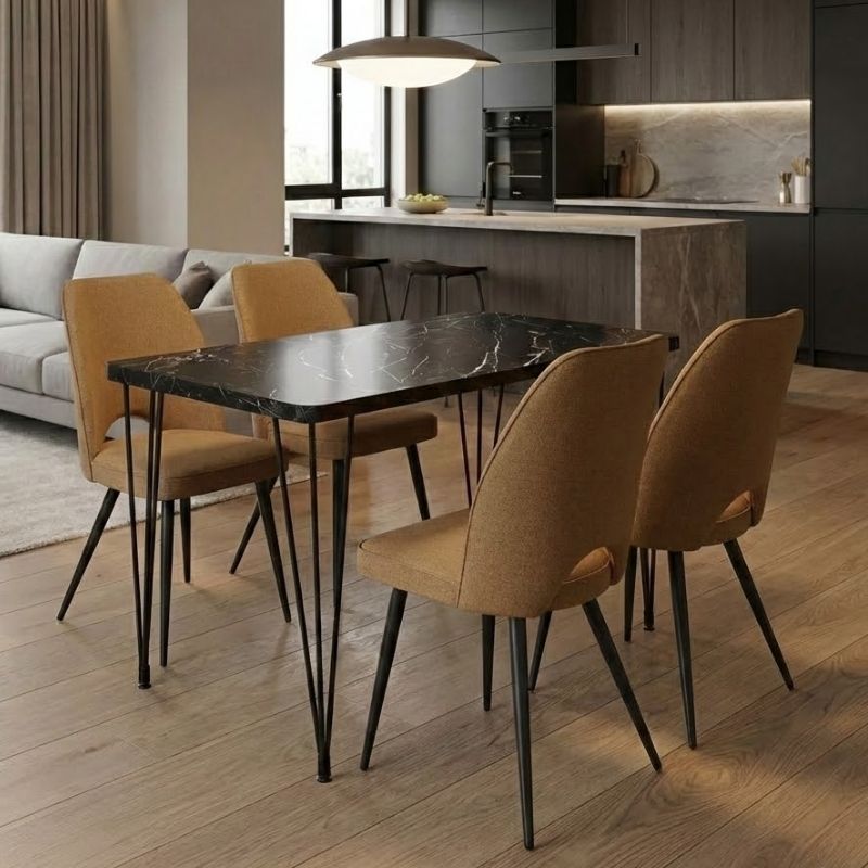 Σετ Τραπεζαρία 5Τμχ Roger - Christy Megapap Mdf - Ύφασμα Χρώμα Μαύρο Εφέ Μαρμάρου - Μουσταρδί 120X70X75Εκ.