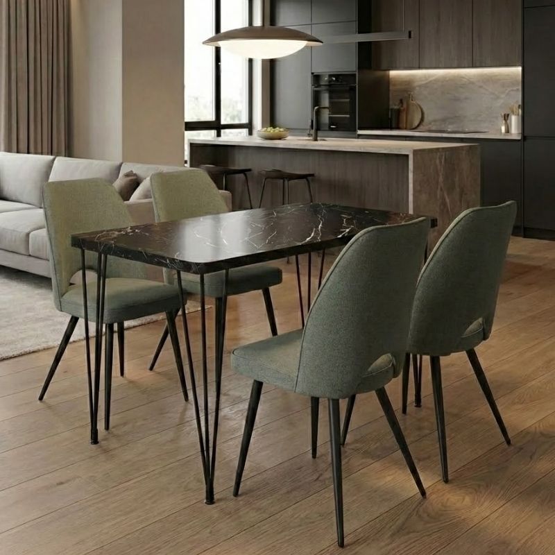 Σετ Τραπεζαρία 5Τμχ Roger - Christy Megapap Mdf - Ύφασμα Χρώμα Μαύρο Εφέ Μαρμάρου - Λαδί 120X70X75Εκ.