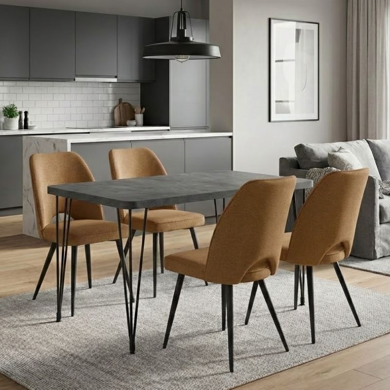 Σετ Τραπεζαρία 5Τμχ Roger - Christy Megapap Mdf - Ύφασμα Χρώμα Σκούρο Γκρι Σκυροδέματος - Μουσταρδί 120X70X75Εκ.