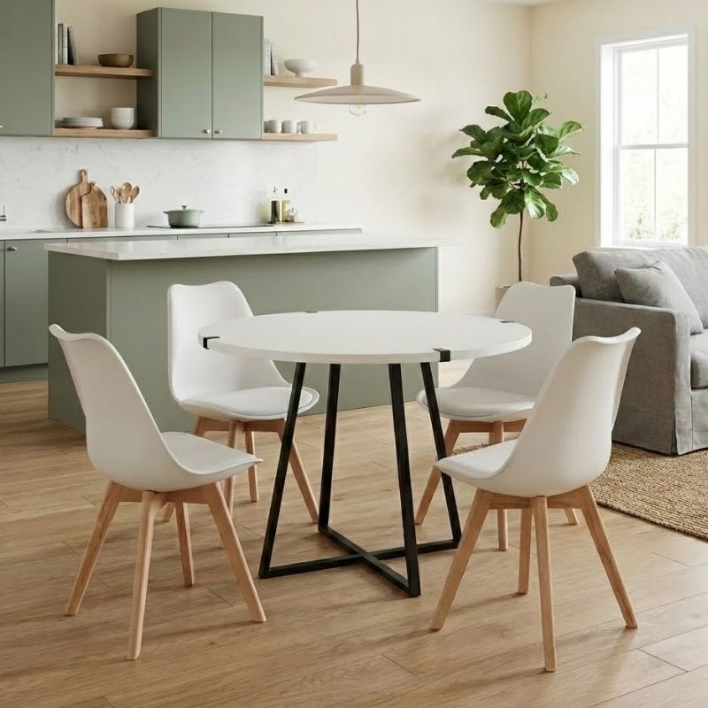 Σετ Τραπεζαρία 5Τμχ Rubes - Viva Megapap Χρώμα Λευκό - Λευκό/Φυσικό Πόδι Ø100X78Εκ.