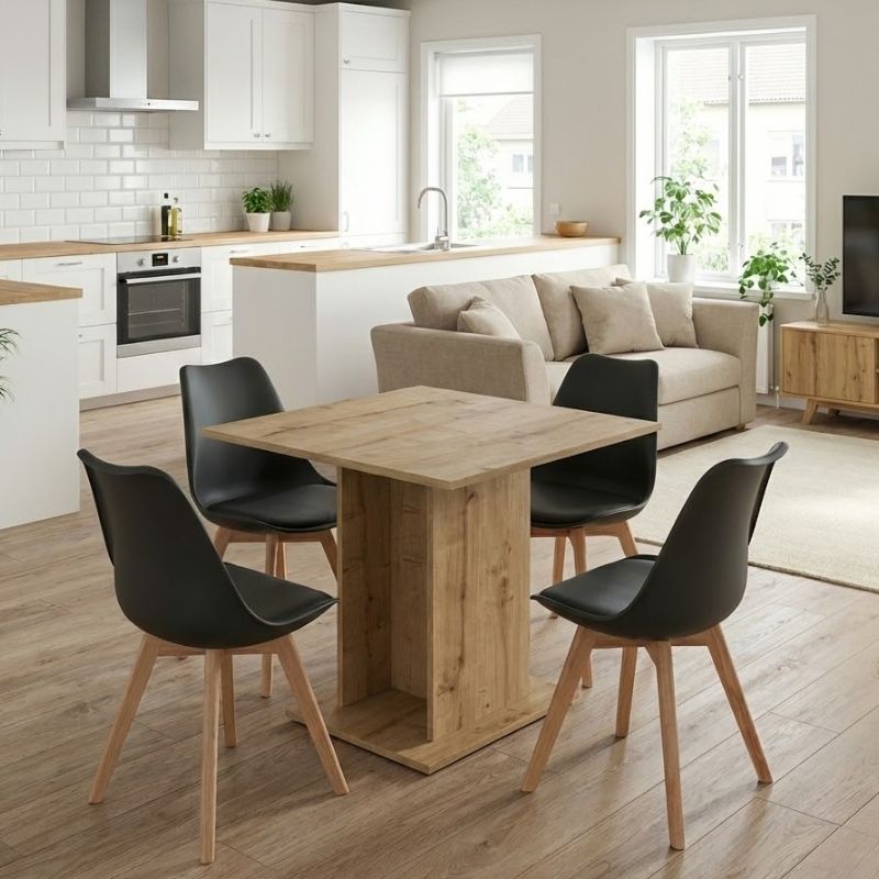 Σετ Τραπεζαρία 5Τμχ Allos - Viva Megapap Χρώμα Sapphire Oak - Μαύρο/Φυσικό Πόδι 75X75X77Εκ.