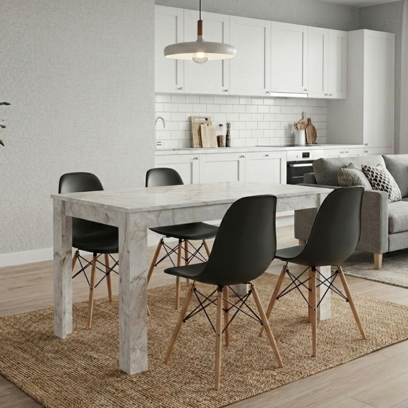 Σετ Τραπεζαρία 5Τμχ Darlen - Nova Megapap Χρώμα Λευκό Εφέ Μαρμάρου - Μαύρο 125X72X74Εκ.