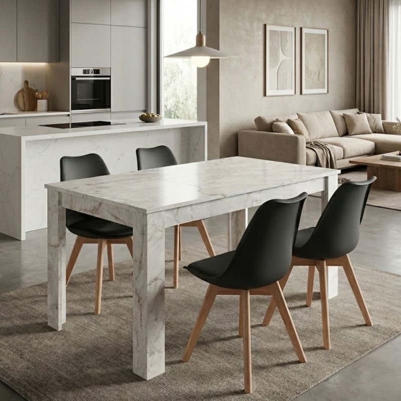 Σετ Τραπεζαρία 5Τμχ Darlen - Viva Megapap Χρώμα Λευκό Εφέ Μαρμάρου - Μαύρο/Φυσικό Πόδι 125X72X74Εκ.