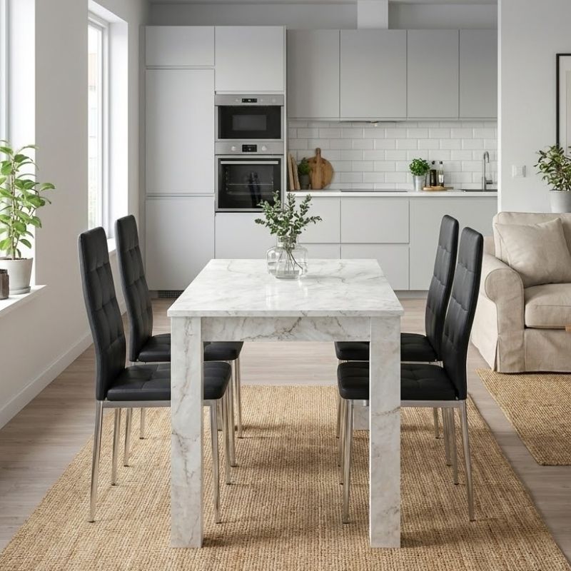 Σετ Τραπεζαρία 5Τμχ Darlen - Rosa Megapap Χρώμα Λευκό Εφέ Μαρμάρου - Μαύρο/Χρωμίου Πόδι 125X72X74Εκ.