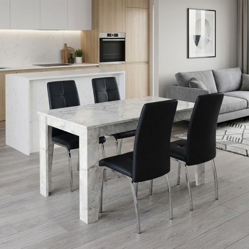 Σετ Τραπεζαρία 5Τμχ Darlen - Alma Megapap Χρώμα Λευκό Εφέ Μαρμάρου - Μαύρο 125X72X74Εκ.