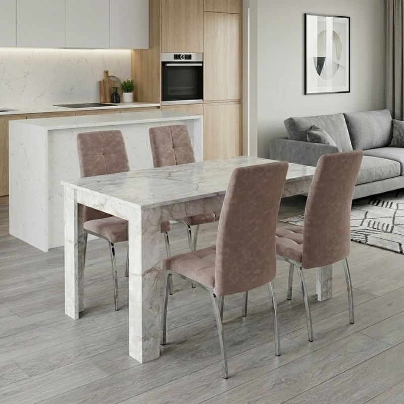 Σετ Τραπεζαρία 5Τμχ Darlen - Alma Megapap Χρώμα Λευκό Εφέ Μαρμάρου - Μπεζ 125X72X74Εκ.