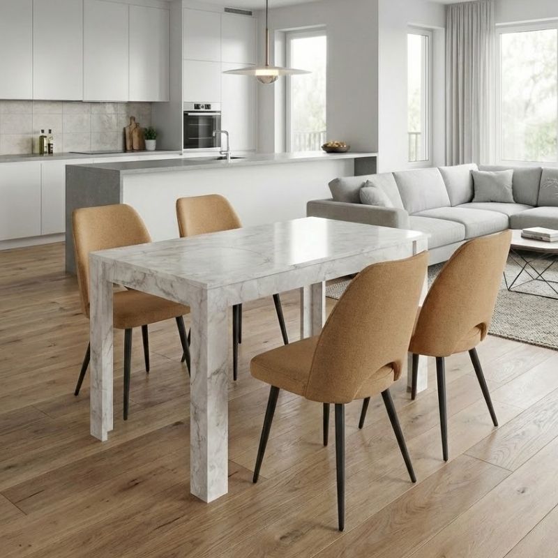 Σετ Τραπεζαρία 5Τμχ Darlen - Christy Megapap Χρώμα Λευκό Εφέ Μαρμάρου - Μουσταρδί 125X72X74Εκ.