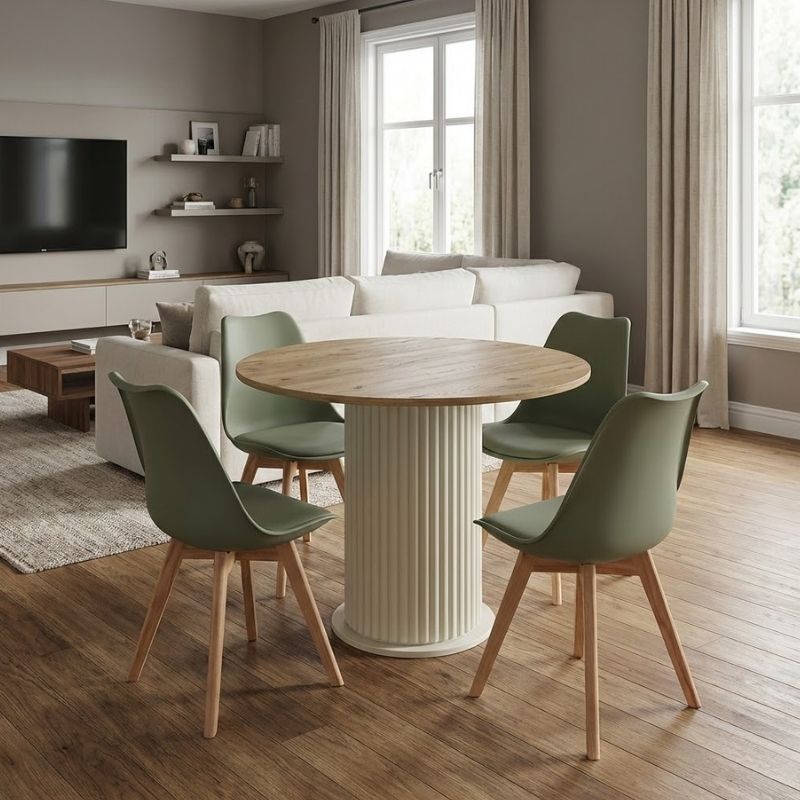 Σετ Τραπεζαρία 5Τμχ Bohema - Viva Megapap Χρώμα Ivory/Sepet Oak - Φυστικί Ø90X77,7Εκ.