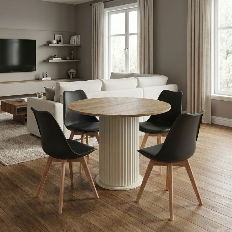 Σετ Τραπεζαρία 5Τμχ Bohema - Viva Megapap Χρώμα Ivory/Sepet Oak - Μαύρο/Φυσικό Πόδι Ø90X77,7Εκ.