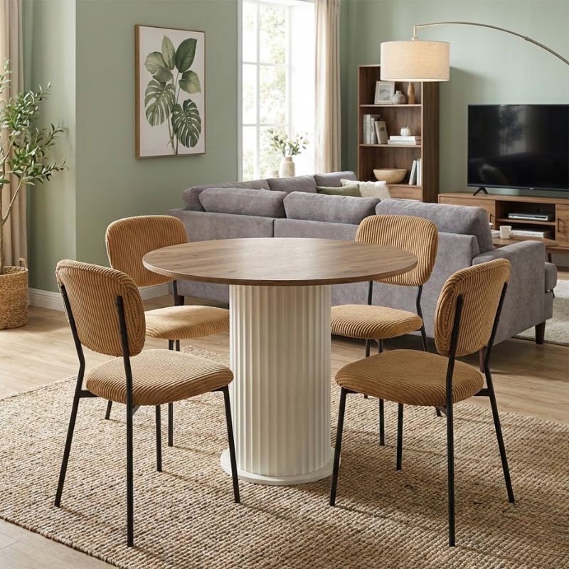 Σετ Τραπεζαρία 5Τμχ Bohema - Kevin Megapap Χρώμα Ivory/Sepet Oak - Μουσταρδί Ø90X77,7Εκ.