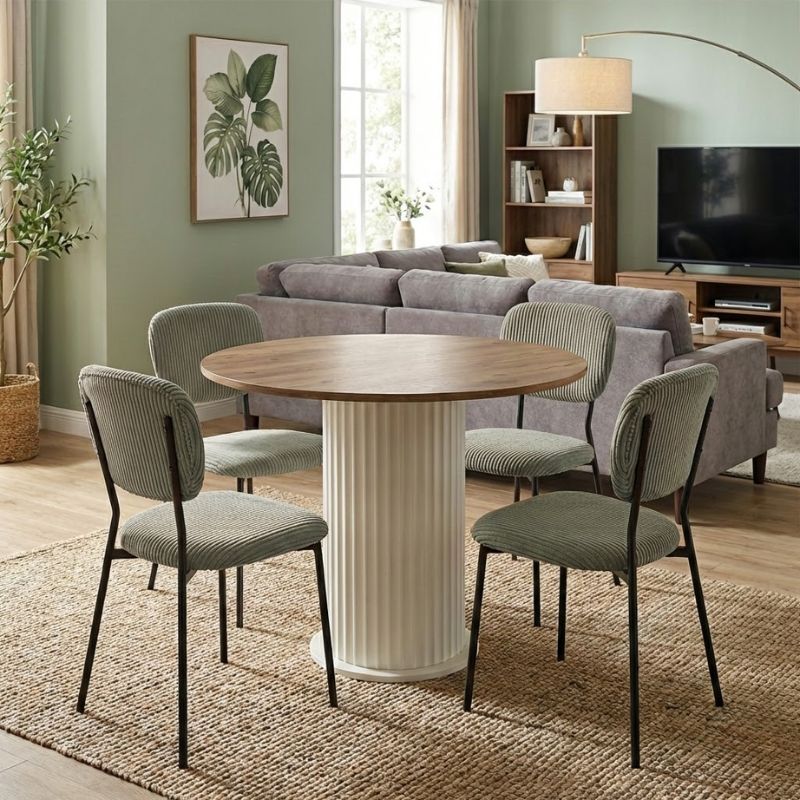 Σετ Τραπεζαρία 5Τμχ Bohema - Kevin Megapap Χρώμα Ivory/Sepet Oak - Λαδί Ø90X77,7Εκ.