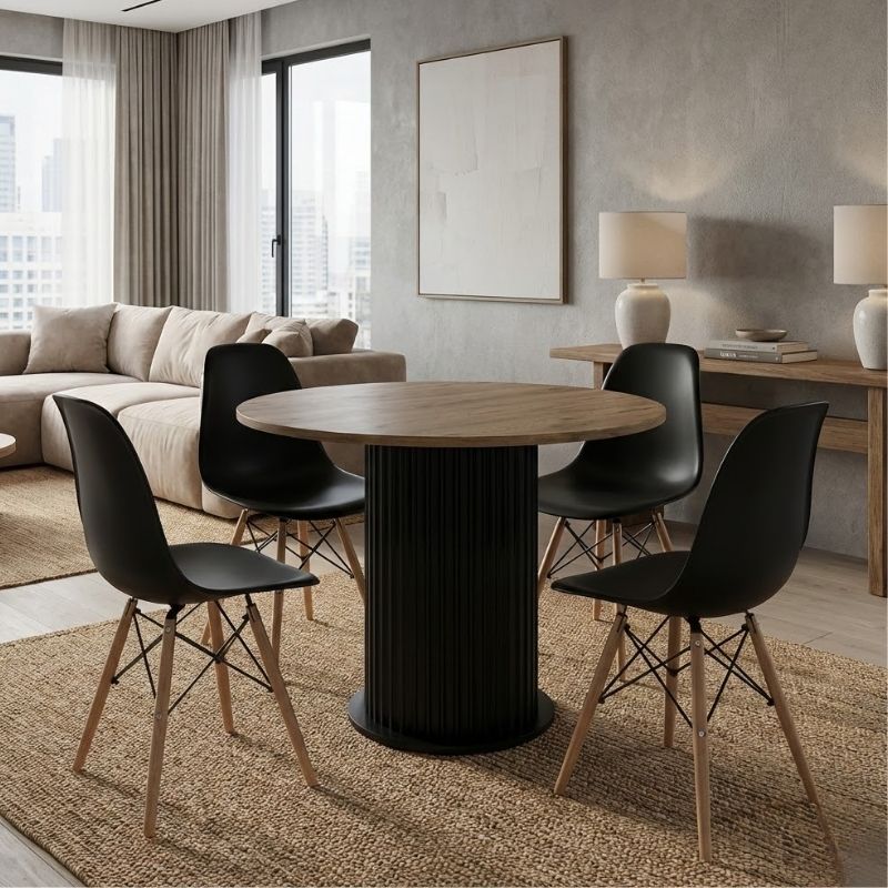 Σετ Τραπεζαρία 5Τμχ Bohema - Nova Megapap Χρώμα Μαύρο/Sepet Oak - Μαύρο Ø90X77,7Εκ.