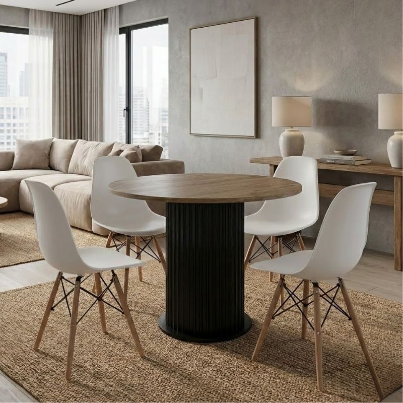 Σετ Τραπεζαρία 5Τμχ Bohema - Nova Megapap Χρώμα Μαύρο/Sepet Oak - Λευκό Ø90X77,7Εκ.