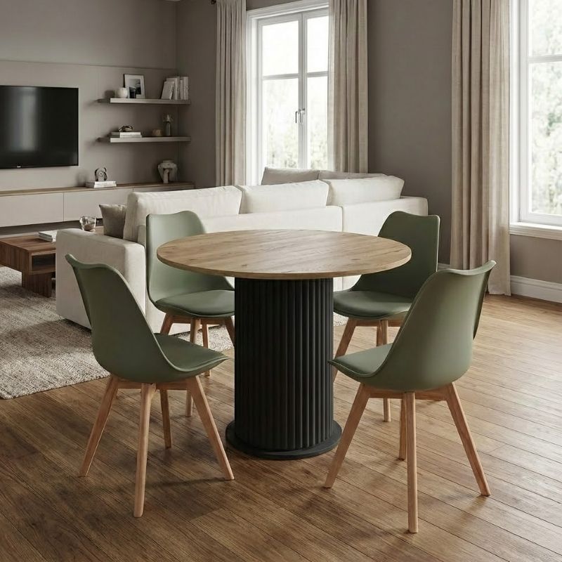 Σετ Τραπεζαρία 5Τμχ Bohema - Viva Megapap Χρώμα Μαύρο/Sepet Oak - Φυστικί Ø90X77,7Εκ.