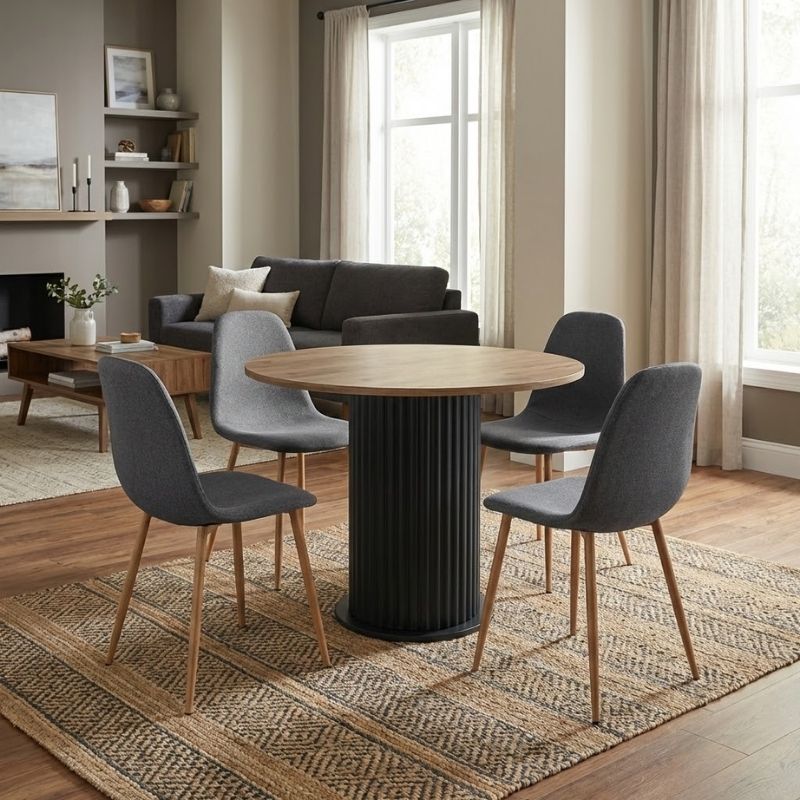 Σετ Τραπεζαρία 5Τμχ Bohema - Iris Megapap Χρώμα Μαύρο/Sepet Oak - Γκρι/Φυσικό Πόδι Ø90X77,7Εκ.